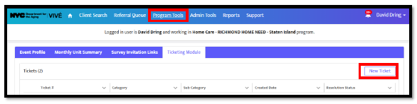 Screenshot below showing the path to select the New Ticket button.
