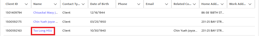 Screenshot of the Client Search results. Client name highlighted