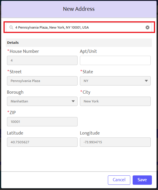 Screenshot of the Pop Up window to add address