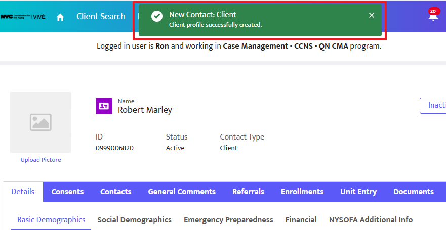 Screenshot with message indicating new client was created.