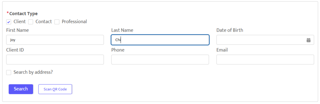 Screenshot of Client Search