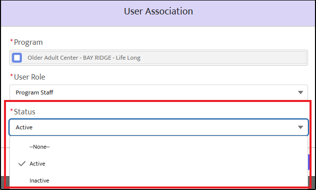 Screenshot of the "User Association" pop-up window showing the "Status" drop-down menu focused within a red highlighted box to switch a profile status. 
