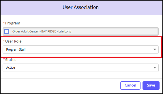 Screenshot of the "User Association" pop-up window showing an active selection row for modifying the designated User Role within a red highlighted box. 