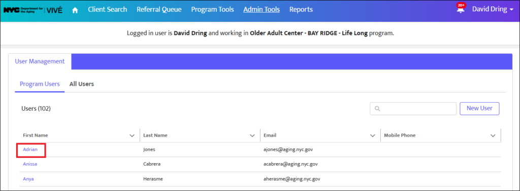 Screenshot of the user accounts table with a red box highlighting a user's clickable first name link in the list. 