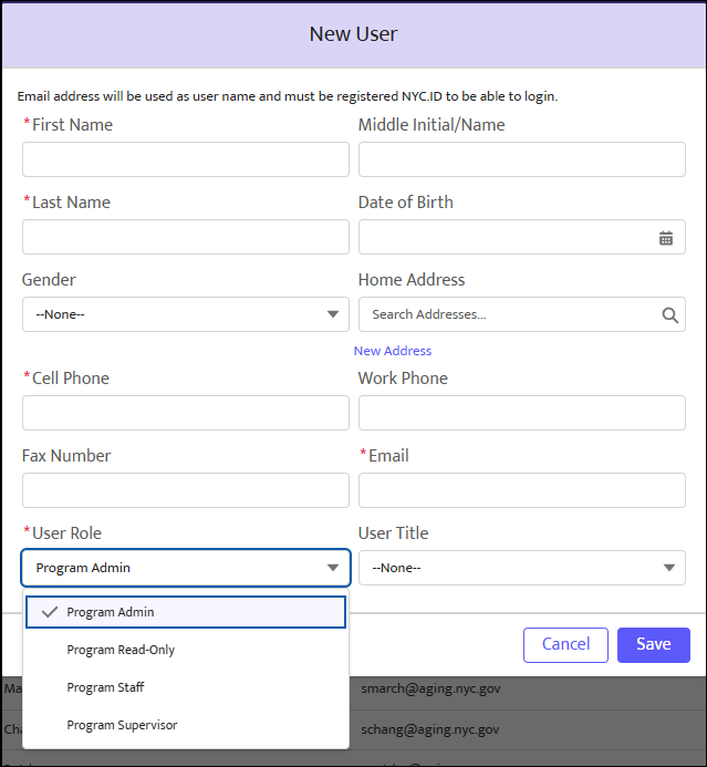 Screenshot of the User Management view with a red box highlighting the clickable blue "New User" button on the right side. 
