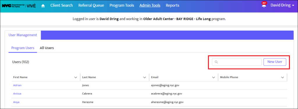 Screenshot of the User Management interface with the search input text box and the blue "New User" button highlighted together inside a red box. 
