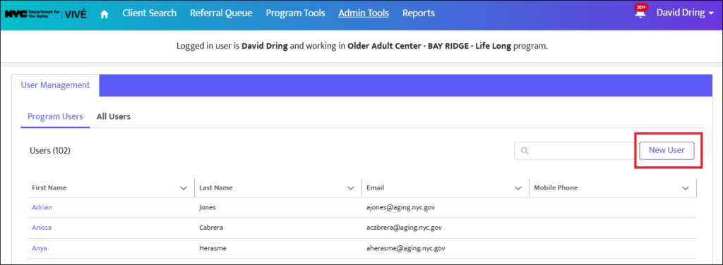 Screenshot of the VIVÉ top navigation menu showing the "Admin Tools" tab highlighted within a red box. 