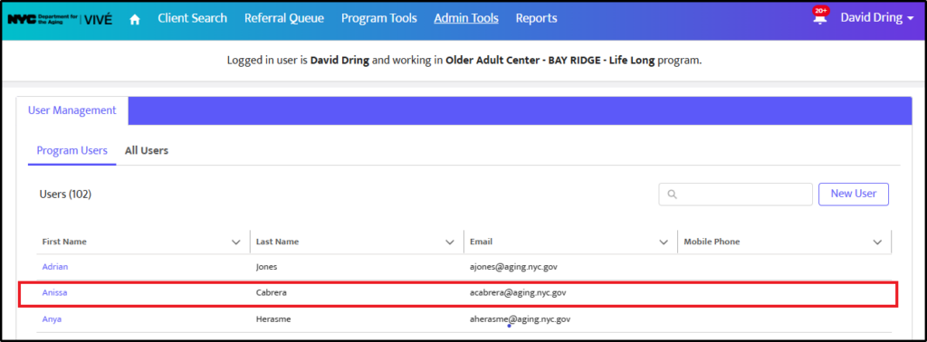 Screenshot of the "New User" creation pop-up window with the "User Role" drop-down menu expanded, displaying selectable options: Program Admin, Program Read-Only, Program Staff, and Program Supervisor. 