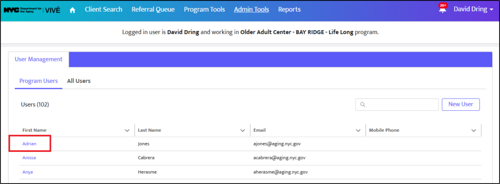 Screenshot of the default User Management dashboard displaying the "Program Users" tab with a list of user accounts highlighted in a large red box. 