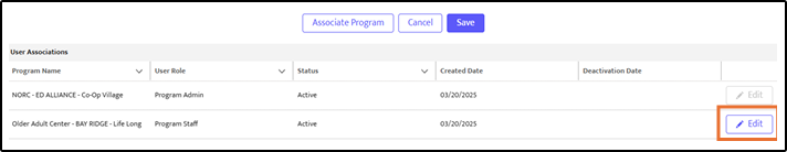 Screenshot of the User Associations table with an orange box highlighting the specific "Edit" button row for managing a program's settings. 