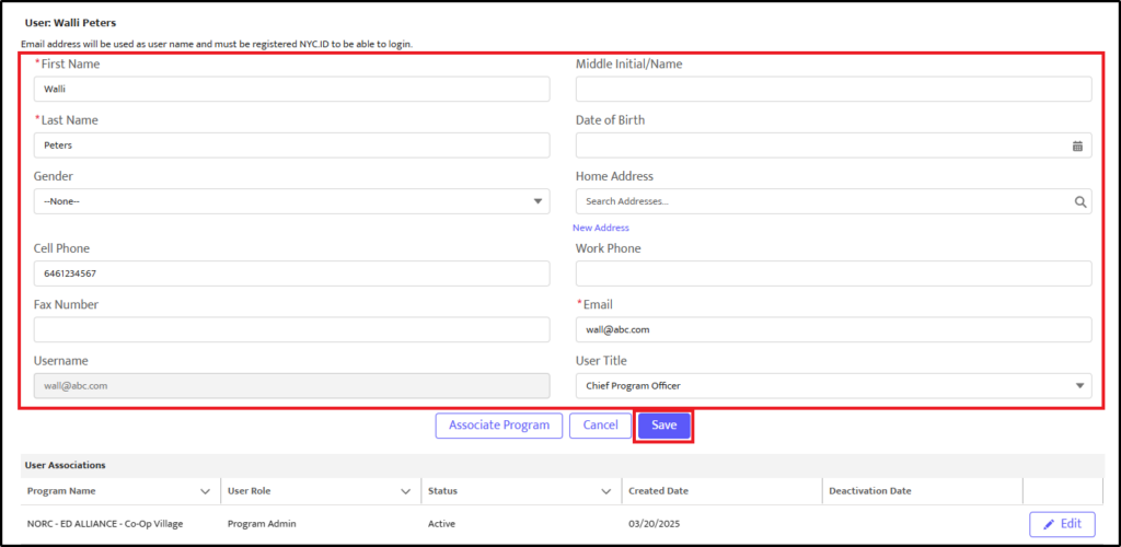 Screenshot of the User details editing form with the entire profile information field area highlighted in a large red outline and a smaller red box focusing on the blue "Save" button. 