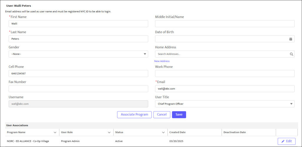 Screenshot of a user details form showing input fields for Name, Contact Info, Username, and a bottom section titled "User Associations" listing active program affiliations. 