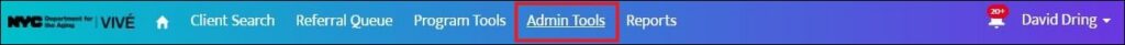 Screenshot of the VIVÉ top navigation menu showing the "Admin Tools" tab highlighted within a red box.